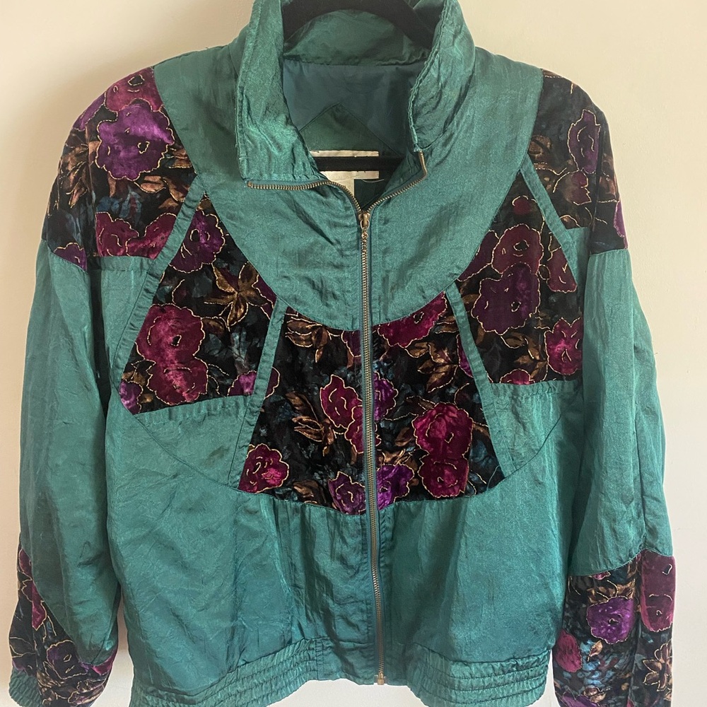 Lavon Vintage Teal Windbreaker Crushed Velvet Women's Large Grandma‎ Glam
